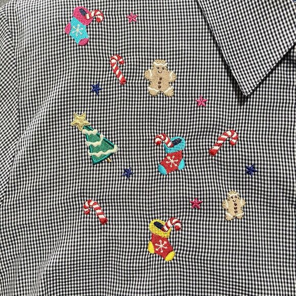 Karen Scott Plus 3X Gingham Christmas Shirt Button Up Embroidered Holiday Top - Picture 4 of 7